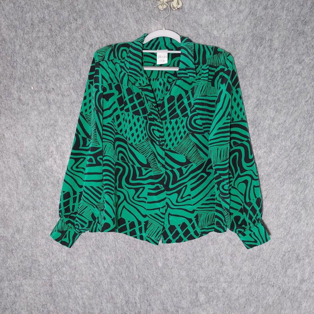 VTG Bleyle 100% Silk Blouse 16 Green Retro Geometric Long Sleeve Button Front